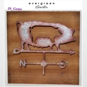 New Home Décor Weathervane Pig Distressed Silver Metal On Wood Square NWT